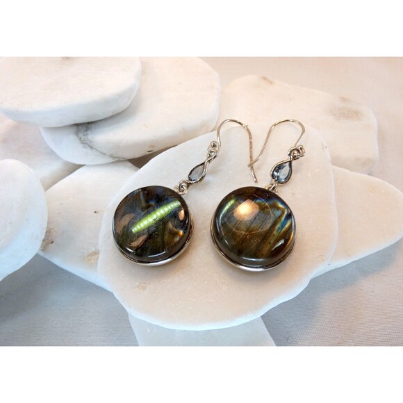 Natural Labradorite Iolite Gemstone Sterling Silver Earrings - Picture 4 of 7